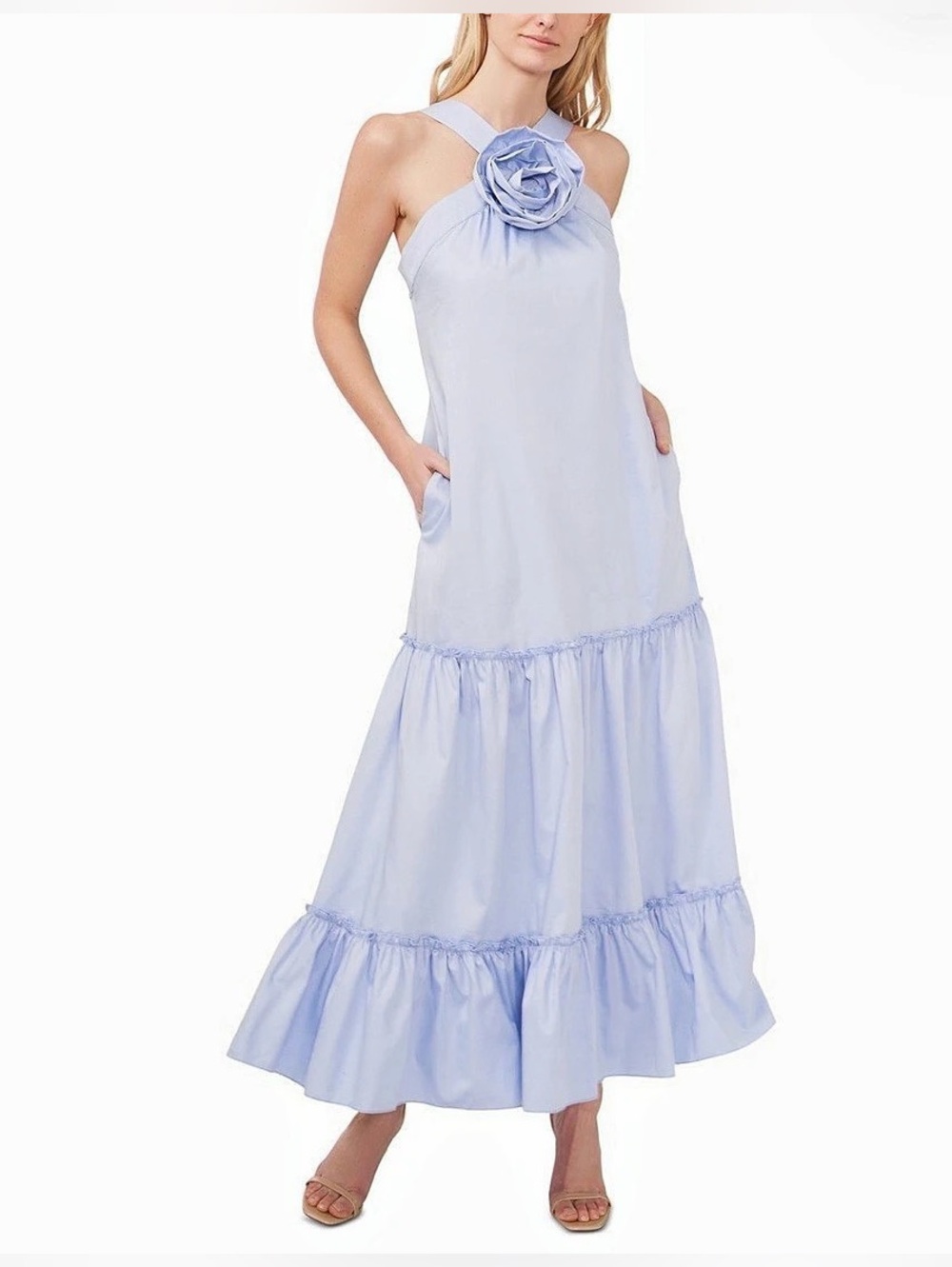NWT CeCe Blue Rosette Tiered Maxi Dress Size L